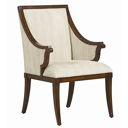 "Armed for Comfort" Upholstered Dining Arm Chair with Exposed Wood Frame and Corbel Arms